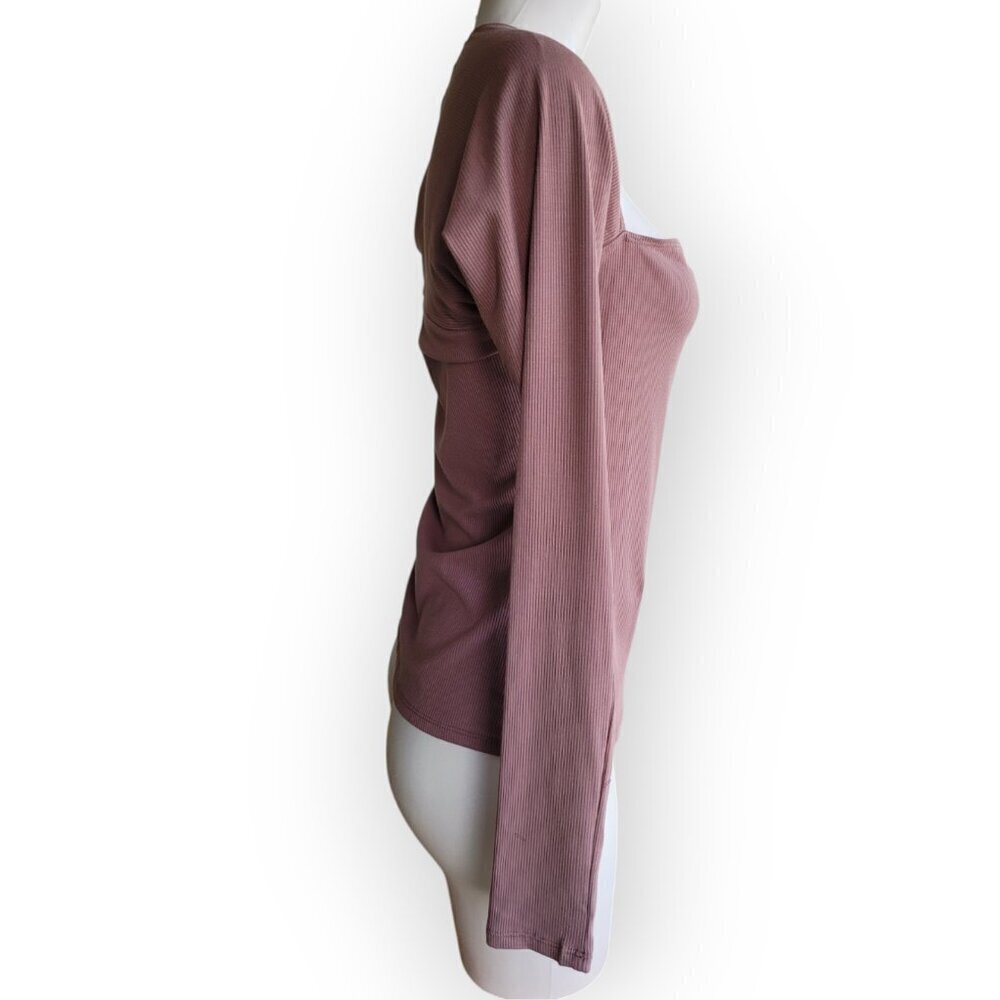 Naked Wardrobe XL Brown Square Neck Ribbed Long Sleeve Stretchy Neutral Top - Picture 3 of 8